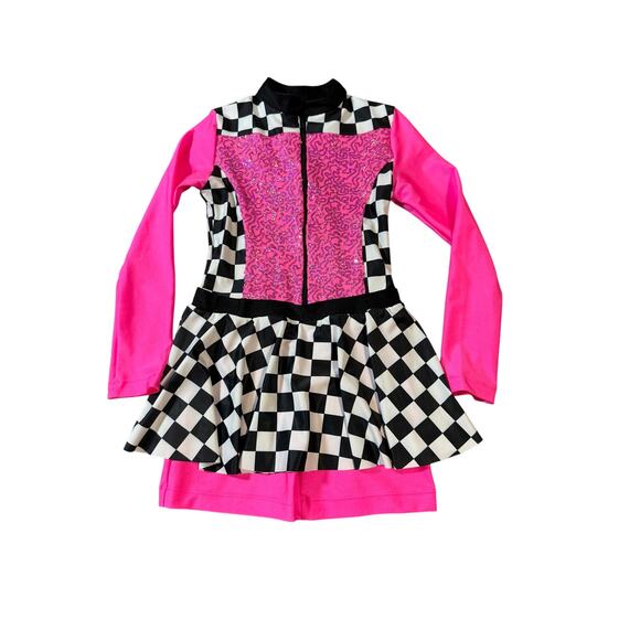 Revolution Costumes Dance‎ Checkered Hot Pink Shorts Long Sleeve Zip Skirt - Picture 1 of 8